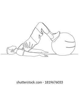 Continuous line drawing of man doing Ball Leg Curls. lying on the ground lifting hip up and put shoes on Stability ball vector