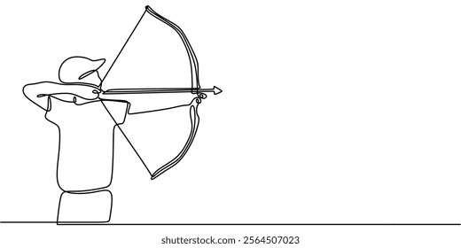 Continuous line drawing of a man doing archery, showcasing the skill and concentration involved. Minimalist design for sport and fitness. Vector illustration hand drawn.