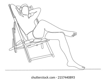 
continuous line drawing of man drinking cocktail and sitting on deck chair by the beach isolated on white background vector illustration