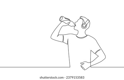 Continuous line drawing of a man drinking water from a bottle. One line contour concept of a healthy lifestyle. Vector illustration