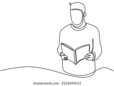 Desenho de linha contínua de um homem envolvido em um livro. Ilustrando a paixão pela leitura. Ilustração vetorial.
