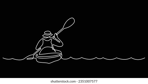 continuous line drawing of man exercising kayaking on beautiful river waters