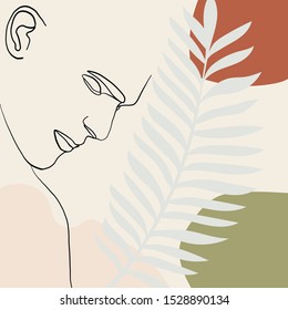 Continuous line, drawing of man face, fashion concept, man beauty minimalist with geometric doodle Abstract floral elements pastel colors. One line continuous drawing. vector illustration