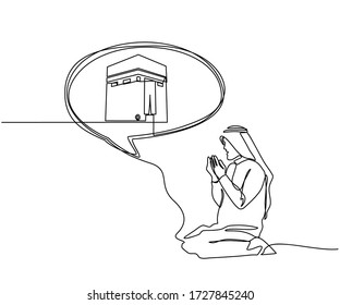 A continuous line drawing of a man facing the Ka'aba raised his hand in prayer. Muslim men pray for Allah and raise their hands facing the Kaaba isolated on white background.