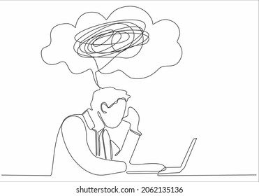 
Continuous line drawing of man feeling sad, tired and worried suffering from depression in mental health. Troubles, failure and broken heart concept isolated on white background. Vector