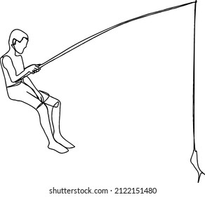 Continuous line drawing of a man fishing while sitting. Vector illustration. Hand drawing