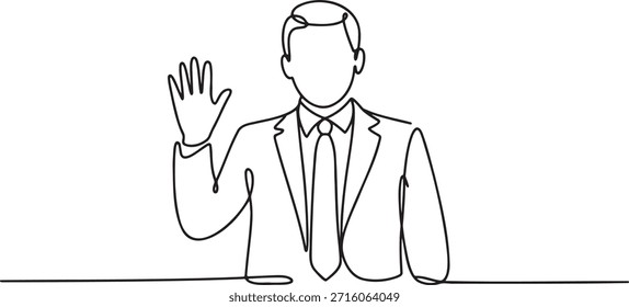 Kontinuierliche Linie Zeichnung des Menschen im formalen Anzug mit Hemd und Krawatte, die Hand für Gruß oder Eid heben. Einfache, minimalistische Abbildung auf transparentem Hintergrund. Perfekt für Geschäftskonzepte, Gesetze oder Verträge.
