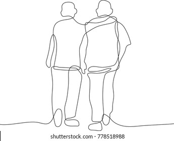 Continuous Line Of Drawing Of Man Friends Standing In Embrace, Two Young Men Hugging Rear View, Concept Of Male Friendship.