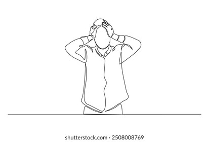 Continuous line drawing of man frustration, feeling sad, depression, holding head. Person holding head in simple outline illustration. 