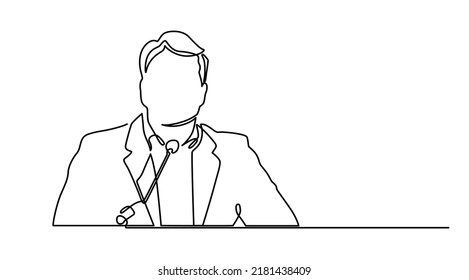 Continuous Line Drawing, A Man Give A Speech. One Continuous Single Line Drawn Character Politics Of Business Coach Speaking. A Politician Giving A Speech Conveys His Vision And Mission.