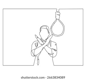 Dibujo de línea continua de un hombre que da la señal sin cruzar la mano. Ilustración de una sola línea de un hombre que da la señal con la mano cruzada. Concepto del Día Mundial para la Prevención del Suicidio. Esquema editable