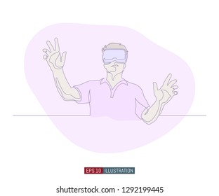 Continuous line drawing of man with glasses of virtual reality. Template for your design works. Vector illustration.