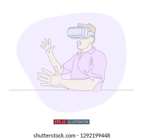 Continuous line drawing of man with glasses of virtual reality. Template for your design works. Vector illustration.