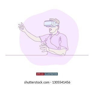 Continuous line drawing of man with glasses of virtual reality. Template for your design works. Vector illustration.