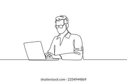 Continuous line drawing of a man with glasses sitting at a table and using a laptop for online work or education. Vector linear icon