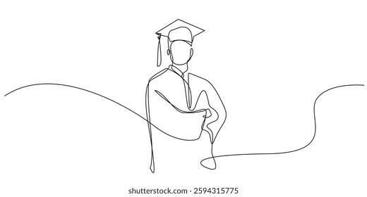 continuous line drawing of man in graduation gown crossing his arms.one line drawing of male graduate standing looking forward.single line vector illustration of education.isolated white background