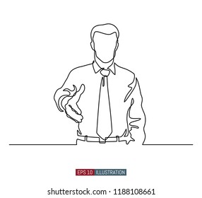 Continuous line drawing of man with greeting gesture. Template for your design works. Vector illustration.