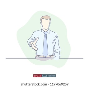 Continuous line drawing of man with greeting gesture. Template for your design works. Vector illustration.