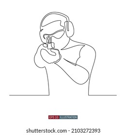 Continuous line drawing of Man with a gun in shooting range. Template for your design works. Vector illustration.