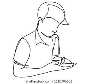 continuous line drawing of man hand holding mobile Modern Technology Concepts
