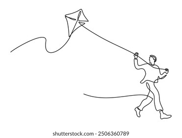 Continuous line drawing of a man happily flying a kite, simple vector design.