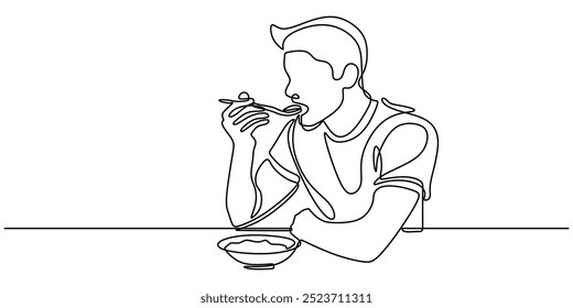 Continuous line drawing of a man having a meal. A simple depiction of dining. Vector illustration.