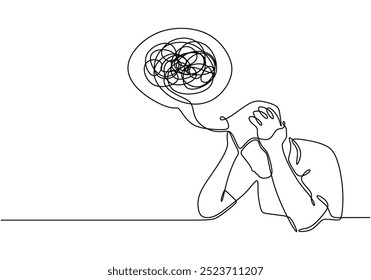 Continuous line drawing of a man with a headache. Simple and clean representation of mental strain. Vector illustration.