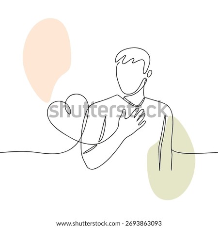 Continuous Line Drawing of a Man with Heart Symbol expressing love and compassion showcasing self care and emotional connection in an abstract design suitable for mental health campaigns