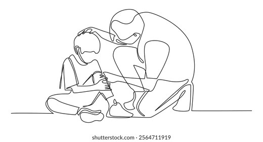 continuous line drawing of a man helping a fallen child.one line drawing of a fallen child holding his knee and being helped by an adult man.single line vector illustration