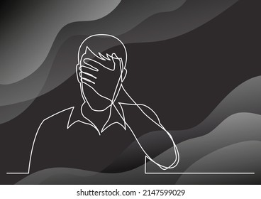 dibujo de línea continua de un hombre que esconde su cara en desesperación