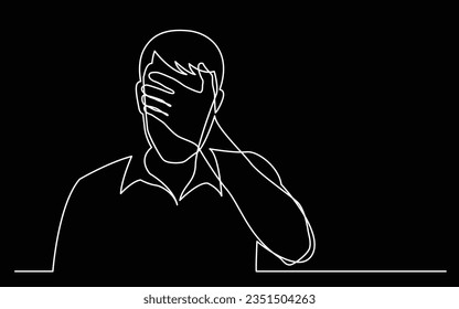 continuous line drawing of man hiding his face in despair