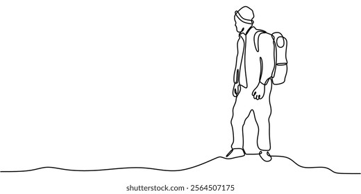 Continuous line drawing of a man hiking, representing the joy of exploration and the benefits of physical activity. Minimalist design for healthy living. Vector illustration hand drawn.