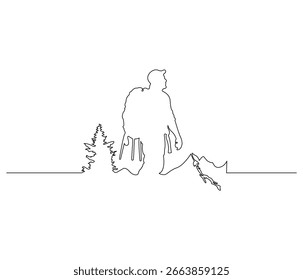 Dibujo de línea continuo de un hombre que va de excursión. Ilustración de una sola línea de un hombre de senderismo. Concepto del Día Internacional de la Montaña. Esquema editable