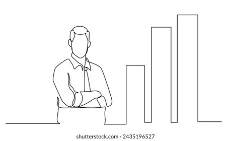 continuous line drawing of man with his arms crossed to the right of the chart transformation , for business vector illustration	