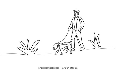 Continuous line drawing of a man and his pet dog walking, a concept of outdoor leisure activity, friendship and relationship.
