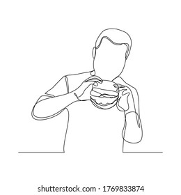 Continuous line drawing of man hold and eat hamburger fastfood. One line art of diabetes concept. Vector illustration