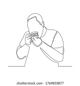 Continuous line drawing of man hold and eat hamburger fastfood. One line art of diabetes concept. Vector illustration