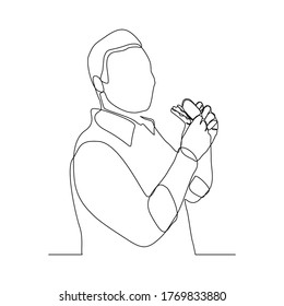 El dibujo continuo de la línea del hombre sostiene y come comida rápida de hamburguesa. Una línea del concepto de diabetes. Ilustración del vector