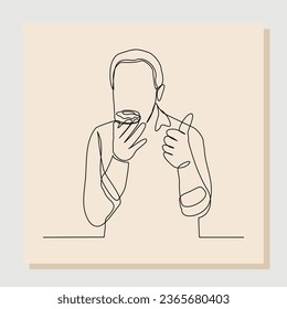 El dibujo continuo de la línea del hombre sostiene y come comida rápida de hamburguesa. Una línea del concepto de diabetes. Ilustración del vector