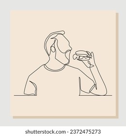 Continuous line drawing of man hold and eat hamburger fastfood. One line art of diabetes concept. Vector illustration