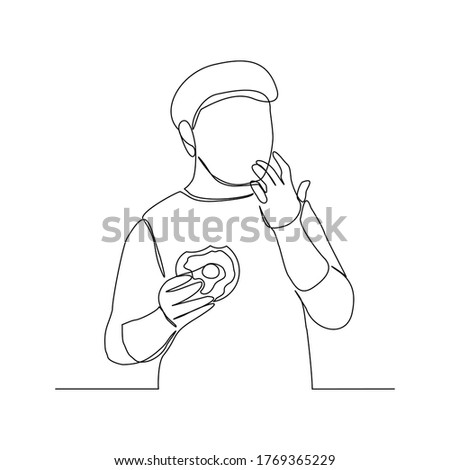 Continuous line drawing of man hold and eat sweet donut in closeup portrait. Vector illustration