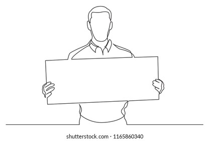 continuous line drawing of man holding blank banner