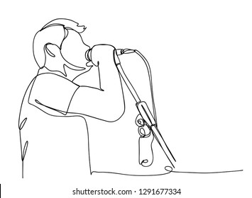 continuous line drawing of a man holding a singing microphone