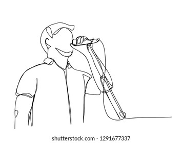 continuous line drawing of a man holding a singing microphone