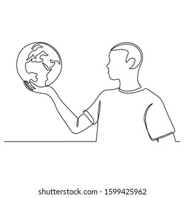 continuous line drawing of man holding earth globe vector illustration