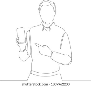 dibujo de línea continua del hombre que sostiene la ilustración vectorial del teléfono móvil. Dibujo continuo de una línea. Empresario sosteniendo un smartphone.