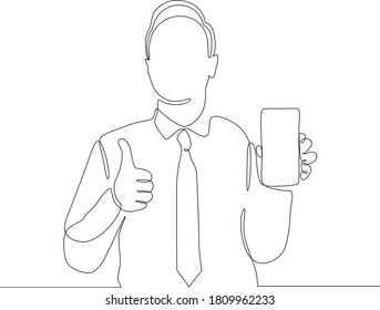 continuous line drawing of man holding mobile phone vector illustration. Continuous one line drawing. Businessman holding smartphone.
