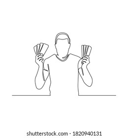 Continuous line drawing of a man holding a wad of money in his hand.vector