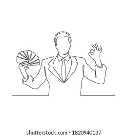 Continuous line drawing of a man holding a wad of money in his hand.vector