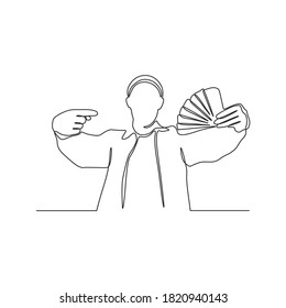 Continuous line drawing of a man holding a wad of money in his hand.vector